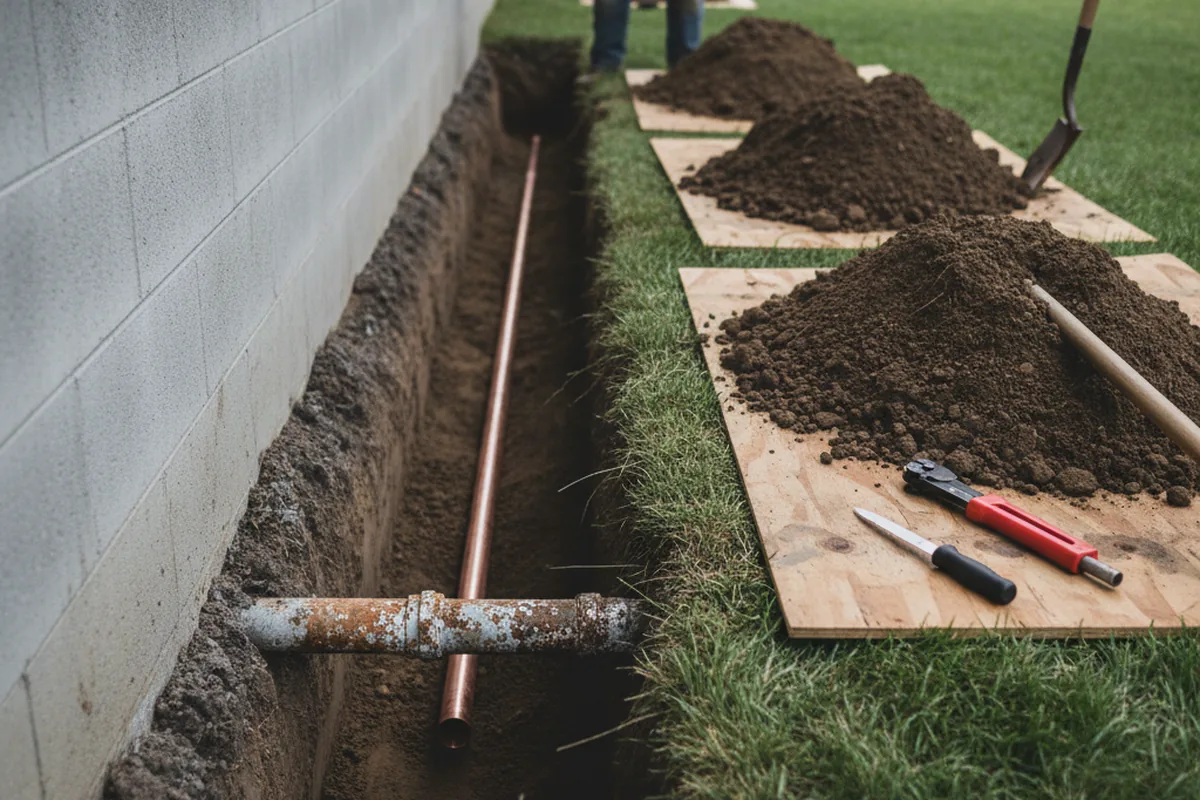 Excavated water line trench during Sewer Line Repair in Channahon
